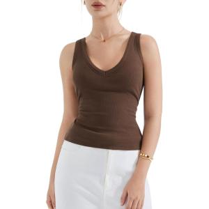 imageSUUKSESS Women Cotton Ribbed Summer Going Out Tops Padded Trendy Basic Tank TopsBrown