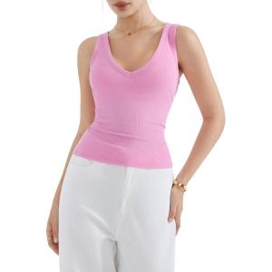 imageSUUKSESS Women Cotton Ribbed Summer Going Out Tops Padded Trendy Basic Tank TopsPink