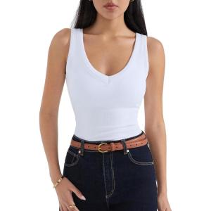 imageSUUKSESS Women Cotton Ribbed Summer Going Out Tops Padded Trendy Basic Tank TopsSnow White