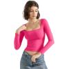imageSUUKSESS Women Square Neck Long Sleeve Tops Double Lined Going Out T ShirtsHot Pink