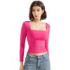 imageSUUKSESS Women Square Neck Long Sleeve Tops Double Lined Going Out T ShirtsHot Pink