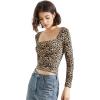 imageSUUKSESS Women Square Neck Long Sleeve Tops Double Lined Going Out T ShirtsLeopard