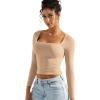 imageSUUKSESS Women Square Neck Long Sleeve Tops Double Lined Going Out T ShirtsNude