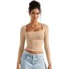 imageSUUKSESS Women Square Neck Long Sleeve Tops Double Lined Going Out T ShirtsNude