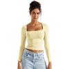 imageSUUKSESS Women Square Neck Long Sleeve Tops Double Lined Going Out T ShirtsPale Yellow