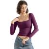 imageSUUKSESS Women Square Neck Long Sleeve Tops Double Lined Going Out T ShirtsPurple
