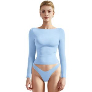 imageSUUKSESS Women Crew Neck Long Sleeve T Shirts Double Lined Tight Fitted Crop TopBaby Blue