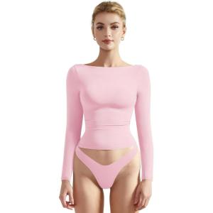 imageSUUKSESS Women Crew Neck Long Sleeve T Shirts Double Lined Tight Fitted Crop TopBaby Pink