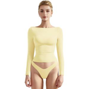 imageSUUKSESS Women Crew Neck Long Sleeve T Shirts Double Lined Tight Fitted Crop TopButter Yellow