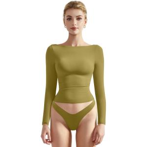 imageSUUKSESS Women Crew Neck Long Sleeve T Shirts Double Lined Tight Fitted Crop TopOlive