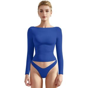 imageSUUKSESS Women Crew Neck Long Sleeve T Shirts Double Lined Tight Fitted Crop TopRoyal Blue