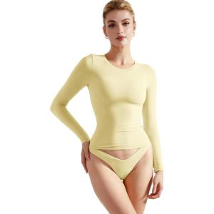imageSUUKSESS Women Double Lined Fitted Basic T Shirts Crew Neck Long Sleeve Crop TopYellow