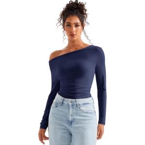 imageSUUKSESS Women Long Sleeve Off Shoulder Tops Trendy Cowl Neck Going Out Shirt for FallBlue