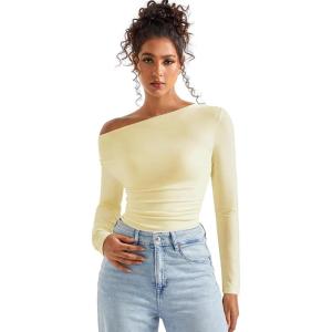 imageSUUKSESS Women Long Sleeve Off Shoulder Tops Trendy Cowl Neck Going Out Shirt for FallButter Yellow
