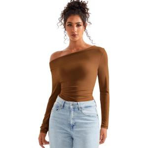 imageSUUKSESS Women Long Sleeve Off Shoulder Tops Trendy Cowl Neck Going Out Shirt for FallMocha