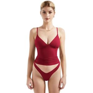 imageSUUKSESS Women Sexy Deep V Neck Sleeveless Fitted Basic Tops Y2K Tank Top CamiWine Red