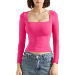 imageSUUKSESS Women Square Neck Long Sleeve Tops Double Lined Going Out T ShirtsHot Pink