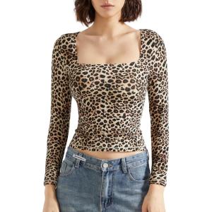 imageSUUKSESS Women Square Neck Long Sleeve Tops Double Lined Going Out T ShirtsLeopard