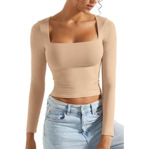 imageSUUKSESS Women Square Neck Long Sleeve Tops Double Lined Going Out T ShirtsNude