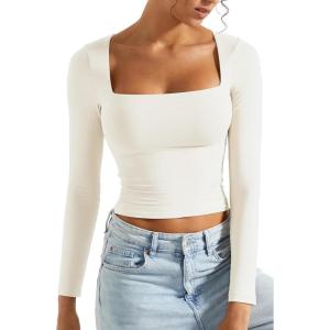 imageSUUKSESS Women Square Neck Long Sleeve Tops Double Lined Going Out T ShirtsOffwhite