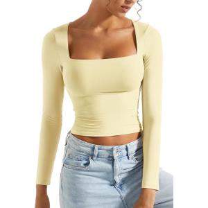 imageSUUKSESS Women Square Neck Long Sleeve Tops Double Lined Going Out T ShirtsPale Yellow