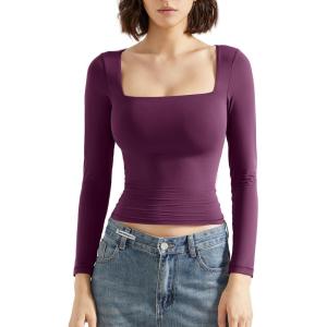 imageSUUKSESS Women Square Neck Long Sleeve Tops Double Lined Going Out T ShirtsPurple