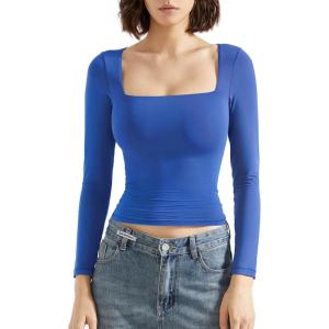 imageSUUKSESS Women Square Neck Long Sleeve Tops Double Lined Going Out T ShirtsSapphire