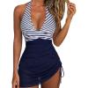 imageSUUKSESS Women Sexy One Piece Swimsuit Tummy Control Bathing Suit Mesh Swimdress126 White Blue Striped