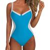 imageSUUKSESS Womens Tummy Control One Piece Swimsuit Sexy Crisscross Back Bathing SuitBlue White