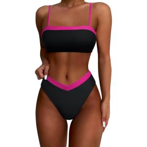 imageSUUKSESS Women Bandeau High Waited 2 Piece Bikini Set Cheeky High Cut Swimsuit104 Black Pink