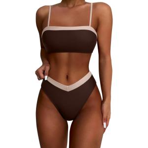 imageSUUKSESS Women Bandeau High Waited 2 Piece Bikini Set Cheeky High Cut Swimsuit104 Brown White