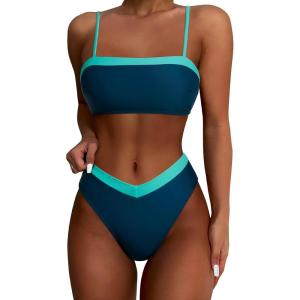 imageSUUKSESS Women Bandeau High Waited 2 Piece Bikini Set Cheeky High Cut Swimsuit104 Peacock Blue Green