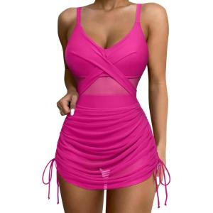 imageSUUKSESS Women One Piece Swim Dress Tummy Control Swimsuit Mesh Bathing Suit115 Hot Pink