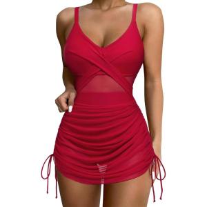 imageSUUKSESS Women One Piece Swim Dress Tummy Control Swimsuit Mesh Bathing Suit115 Red