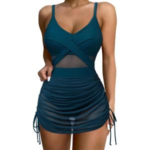 imageSUUKSESS Women One Piece Swim Dress Tummy Control Swimsuit Mesh Bathing Suit115 Upgrade Peacock Blue