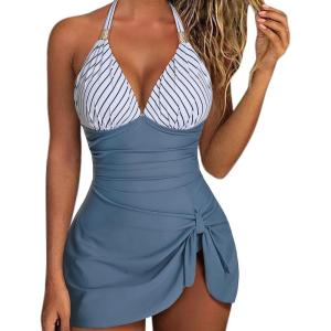 imageSUUKSESS Women One Piece Swim Dress Tummy Control Swimsuit Tie Knot Bathing SuitGray Blue Striped