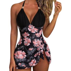 imageSUUKSESS Women One Piece Swim Dress Tummy Control Swimsuit Tie Knot Bathing SuitRetro Floral Black