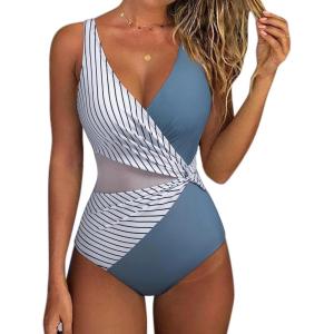 imageSUUKSESS Women Sexy Mesh Tummy Control One Piece Swimsuit Push Up Bathing Suit119 Black Striped Blue