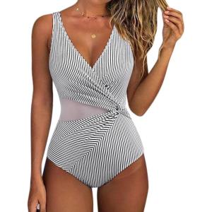 imageSUUKSESS Women Sexy Mesh Tummy Control One Piece Swimsuit Push Up Bathing Suit119 White Black Striped