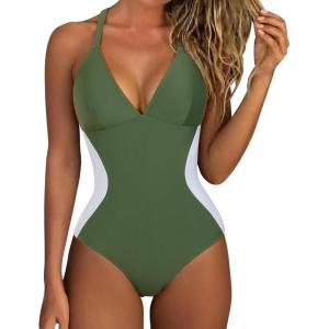 imageSUUKSESS Women Slimming Tummy Control One Piece Swimsuit Sexy Bathing Suit136 Army Green White