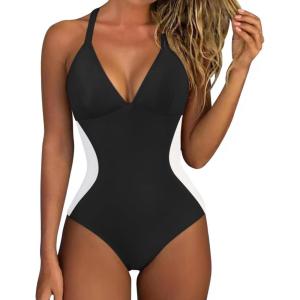 imageSUUKSESS Women Slimming Tummy Control One Piece Swimsuit Sexy Bathing Suit136 Black White