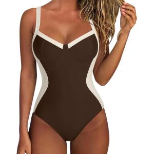 imageSUUKSESS Womens Tummy Control One Piece Swimsuit Sexy Crisscross Back Bathing SuitBeige Brown