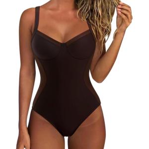 imageSUUKSESS Womens Tummy Control One Piece Swimsuit Sexy Crisscross Back Bathing SuitBrown
