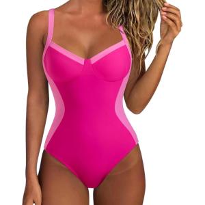 imageSUUKSESS Womens Tummy Control One Piece Swimsuit Sexy Crisscross Back Bathing SuitPink Colorblock