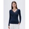 imageSUUKSESS Cloud Cashmere Women Basic Tops V Boat Neck Lace Long Sleeve ShirtNavy Blue