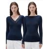 imageSUUKSESS Cloud Cashmere Women Basic Tops V Boat Neck Lace Long Sleeve ShirtNavy Blue