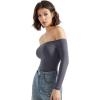 imageSUUKSESS Women Off the Shoulder Long Sleeve Bodysuit Double Lined Thong BodysuitAsh