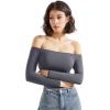 imageSUUKSESS Women Off the Shoulder Long Sleeve Bodysuit Double Lined Thong BodysuitAsh