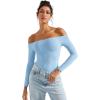 imageSUUKSESS Women Off the Shoulder Long Sleeve Bodysuit Double Lined Thong BodysuitBaby Blue