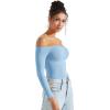 imageSUUKSESS Women Off the Shoulder Long Sleeve Bodysuit Double Lined Thong BodysuitBaby Blue